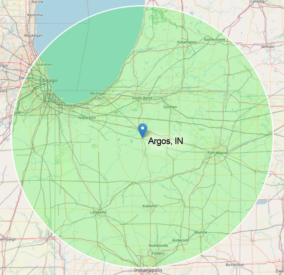 100 Mile Service Area Radius from Argos, IN